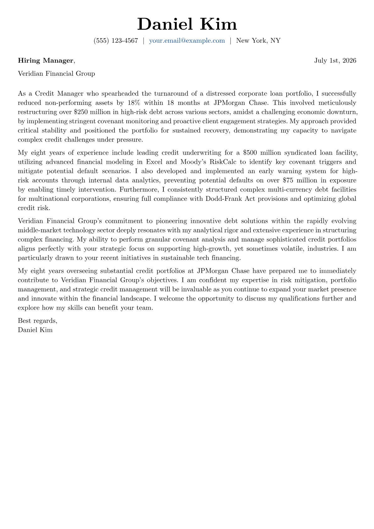 Credit Manager cover letter formatted with a JobSprout template