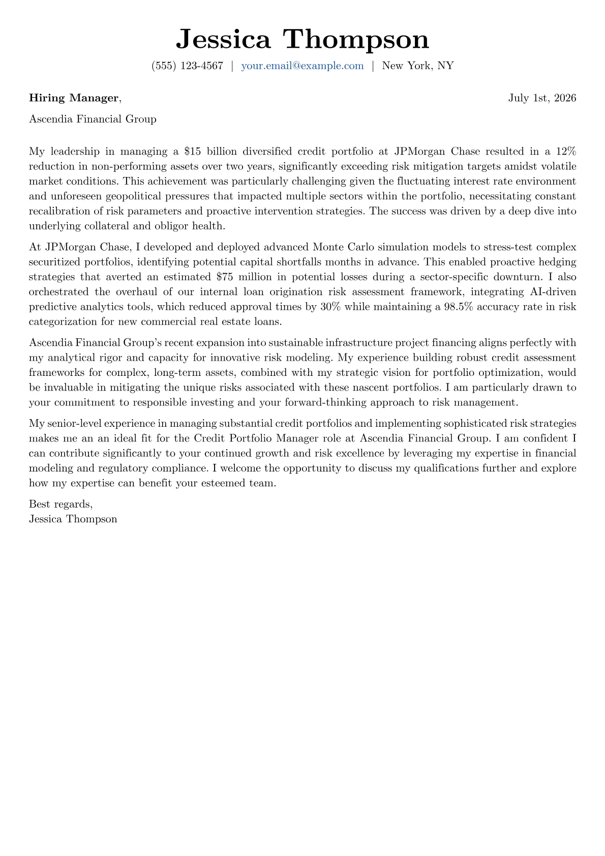 Credit Portfolio Manager cover letter formatted with a JobSprout template