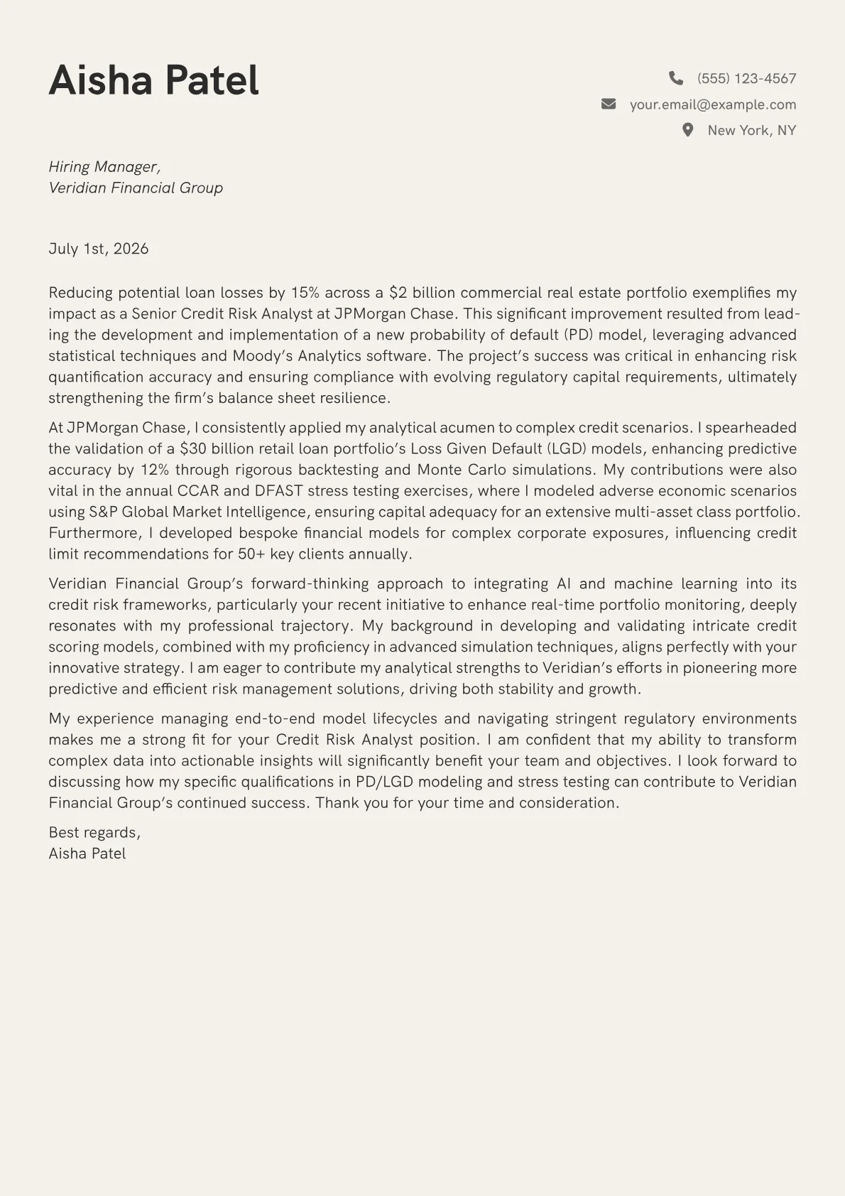 Credit Risk Analyst cover letter formatted with a JobSprout template
