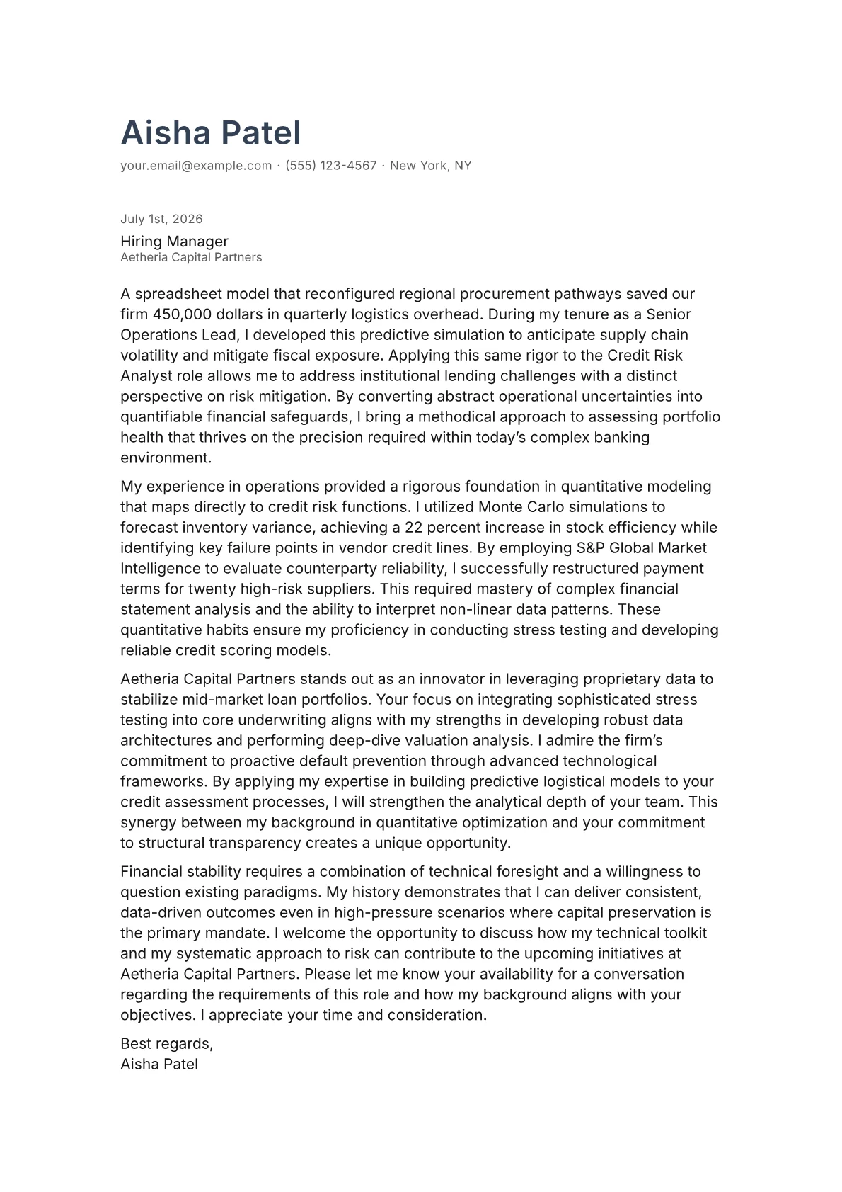 Credit Risk Analyst cover letter in the Minimal design
