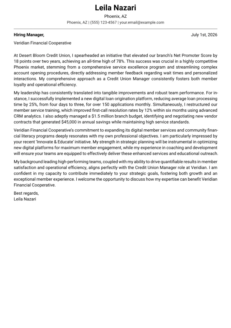 Credit Union Manager cover letter example preview