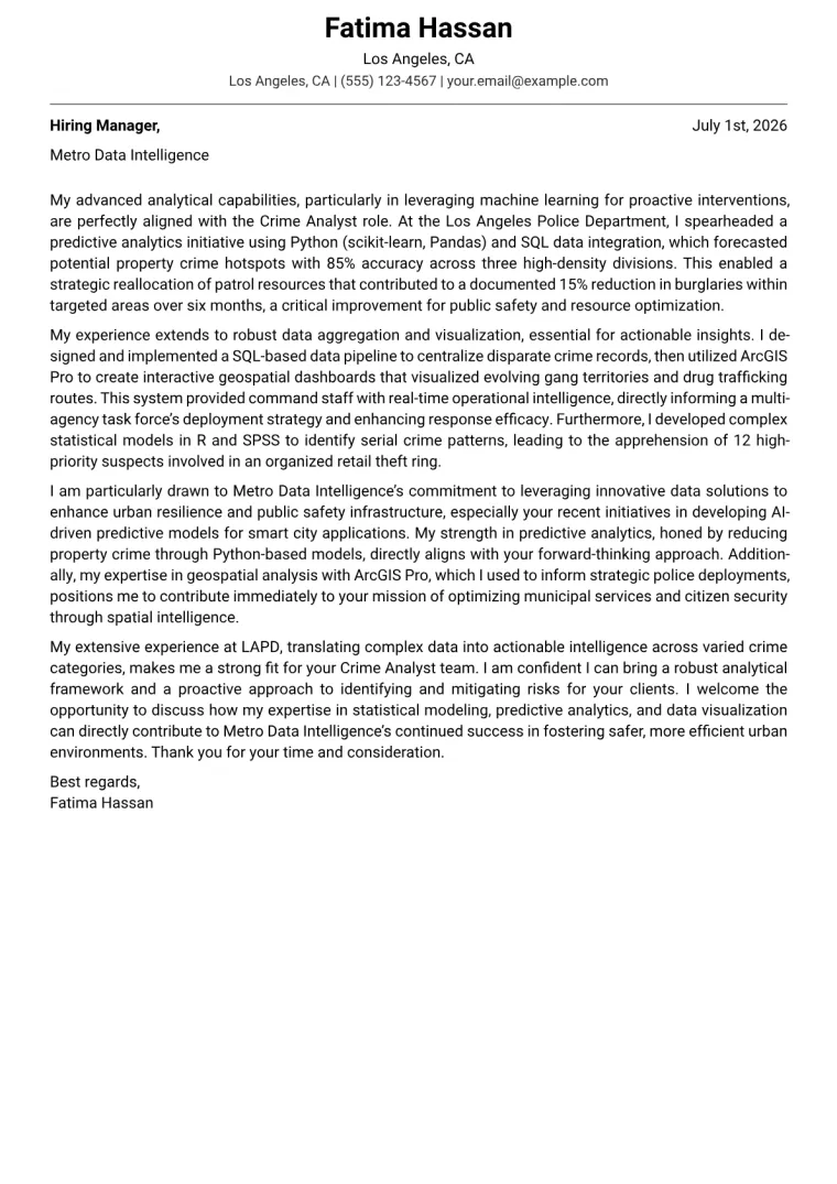 Crime Analyst Cover Letter Example