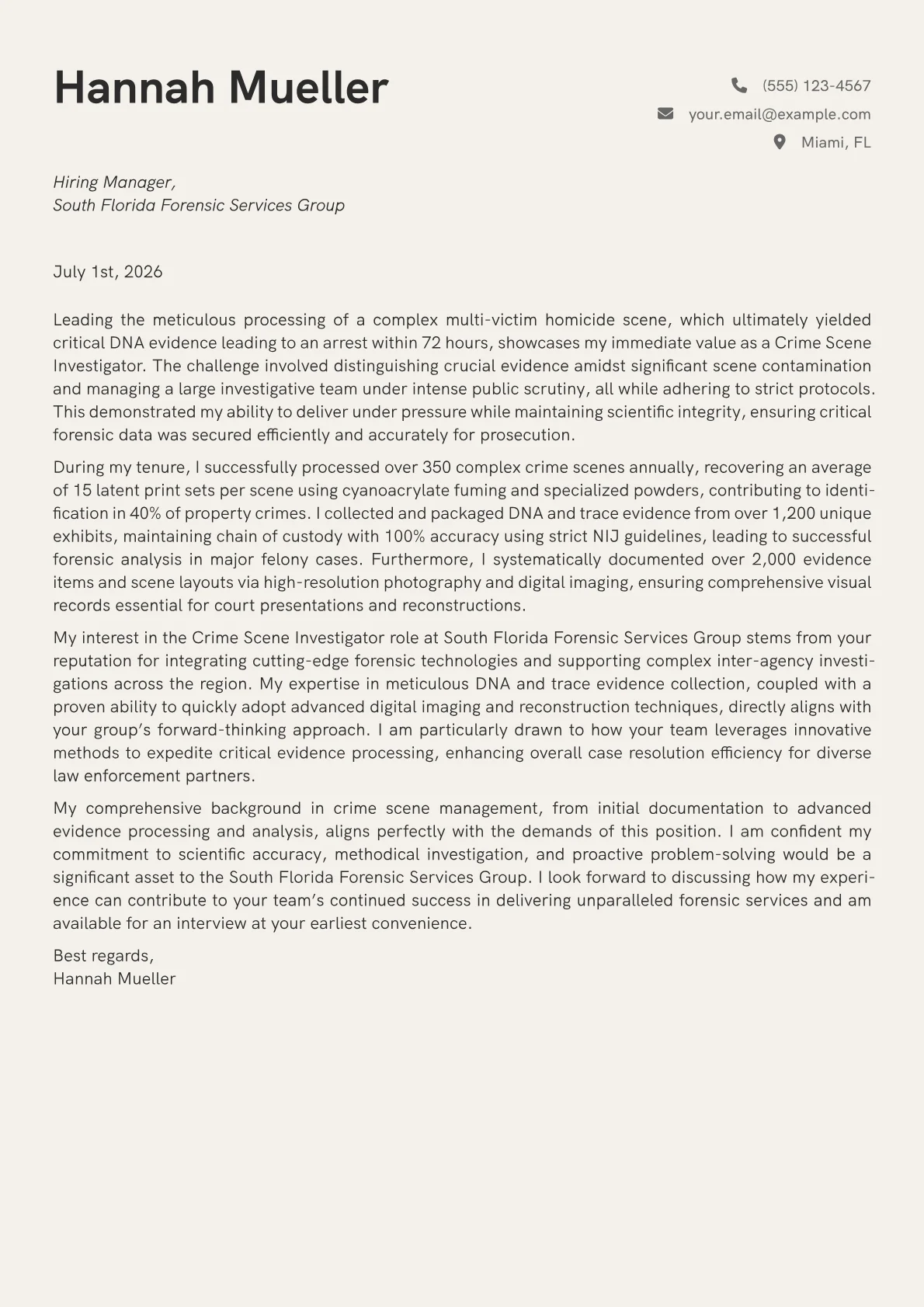 Crime Scene Investigator cover letter formatted with a JobSprout template