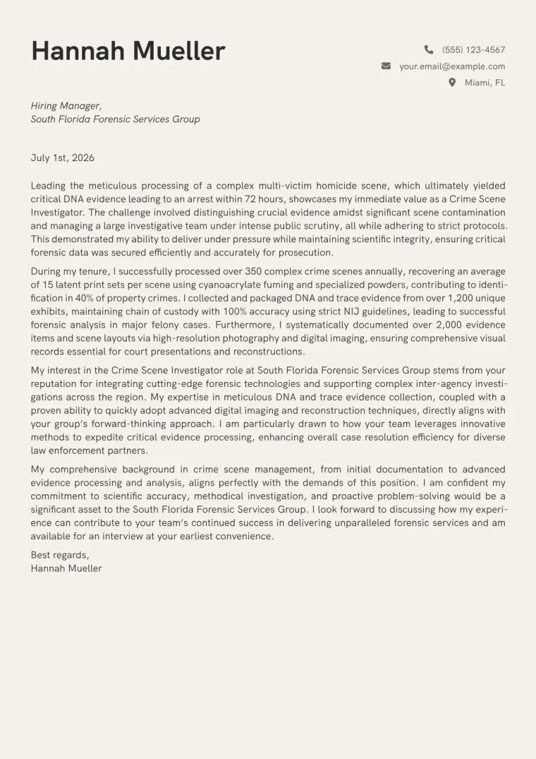 Crime Scene Investigator cover letter example preview
