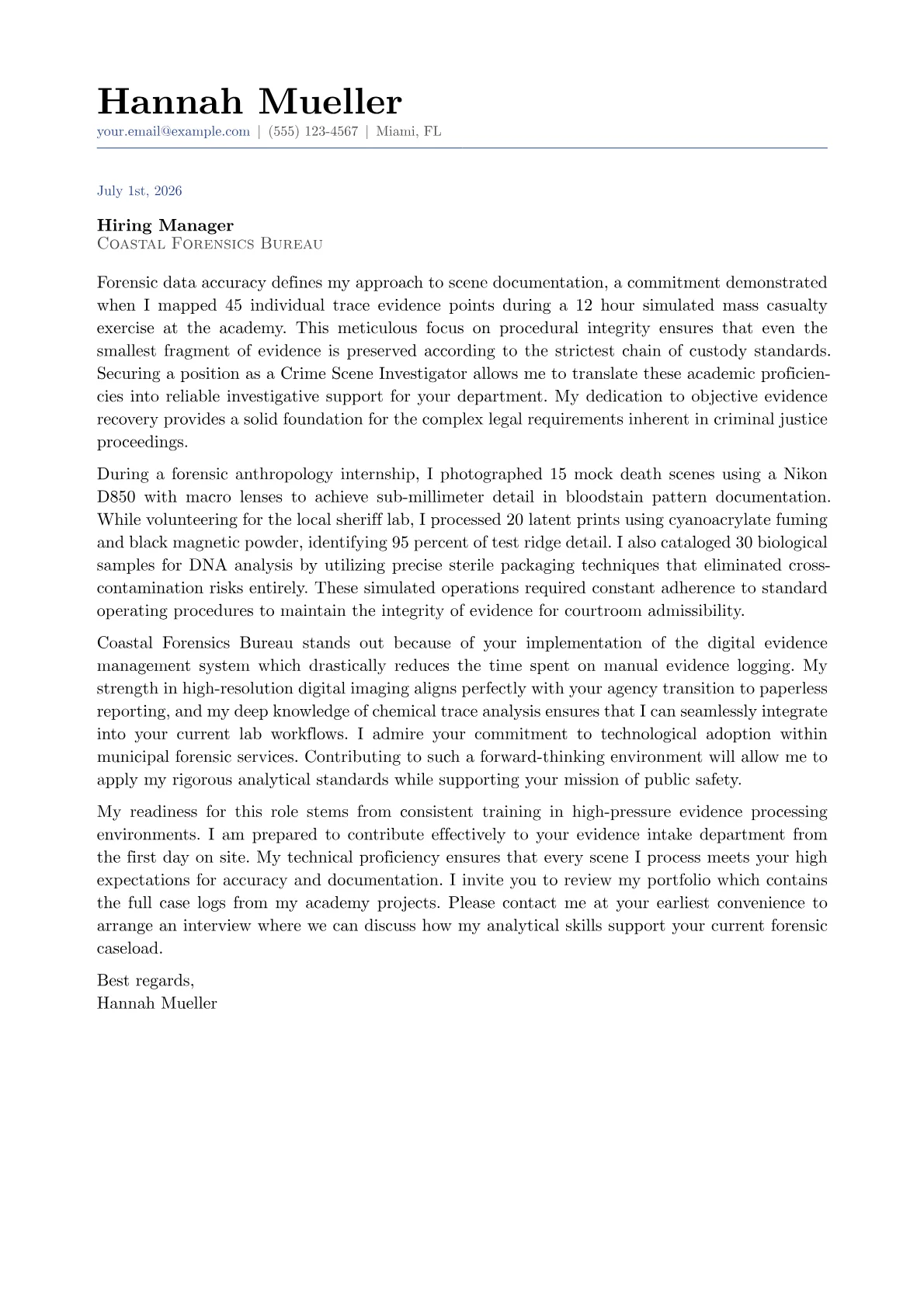 Crime Scene Investigator cover letter in the Classic design