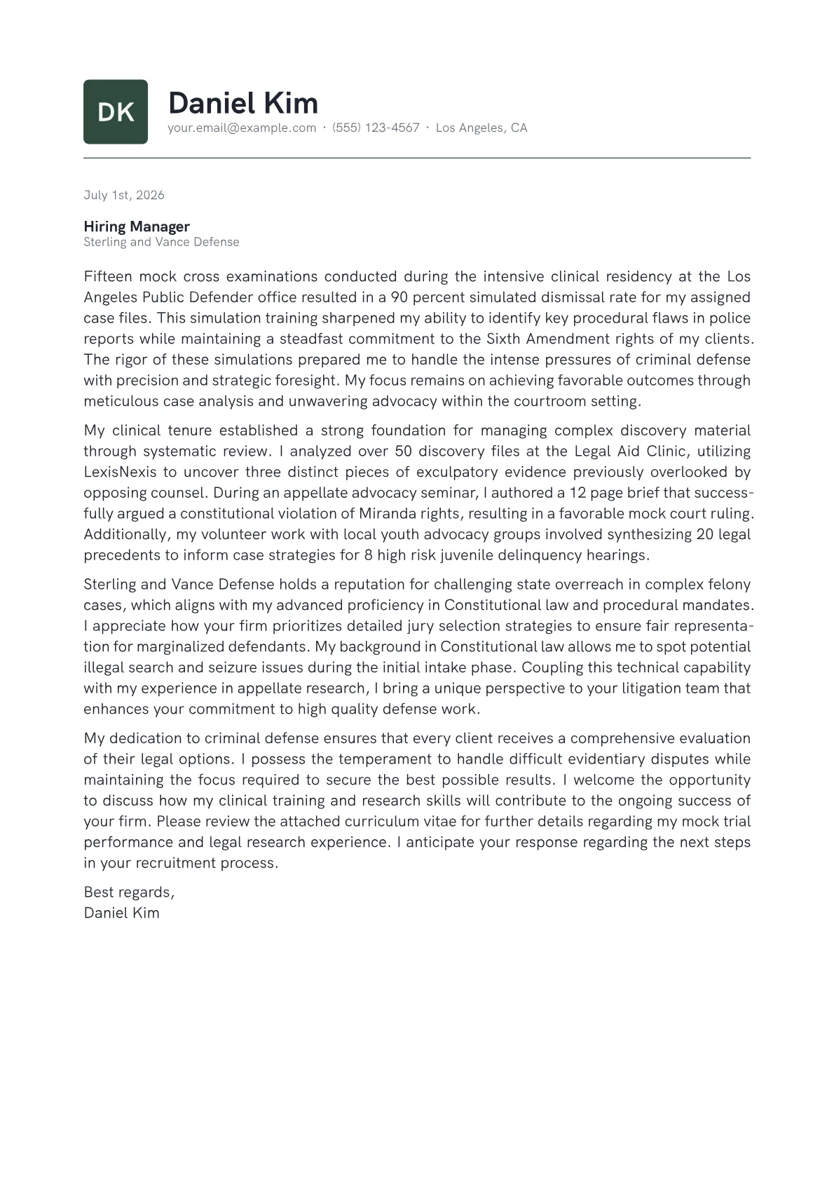 Criminal Defense Attorney cover letter in the Emblem design