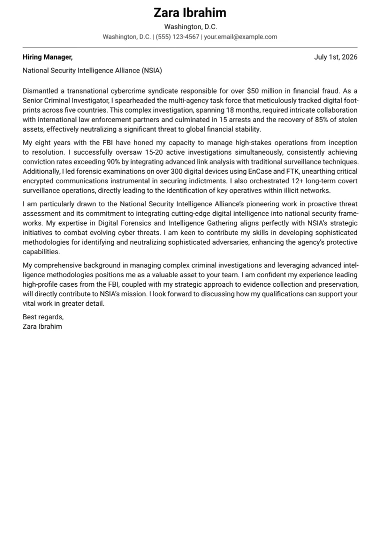 Criminal Investigator cover letter example preview