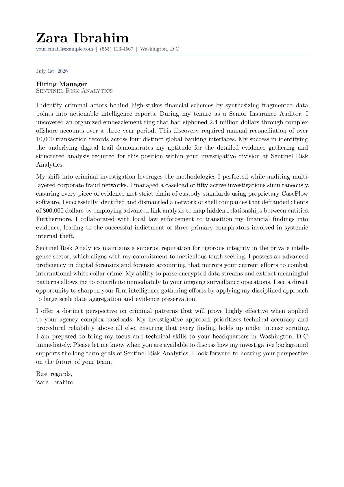Criminal Investigator cover letter in the Classic design