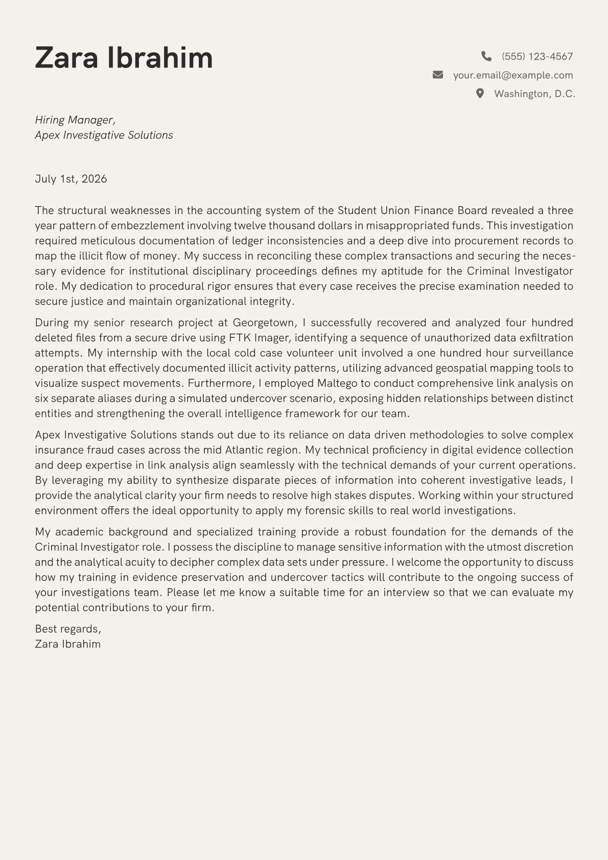 Criminal Investigator cover letter in the Creative design