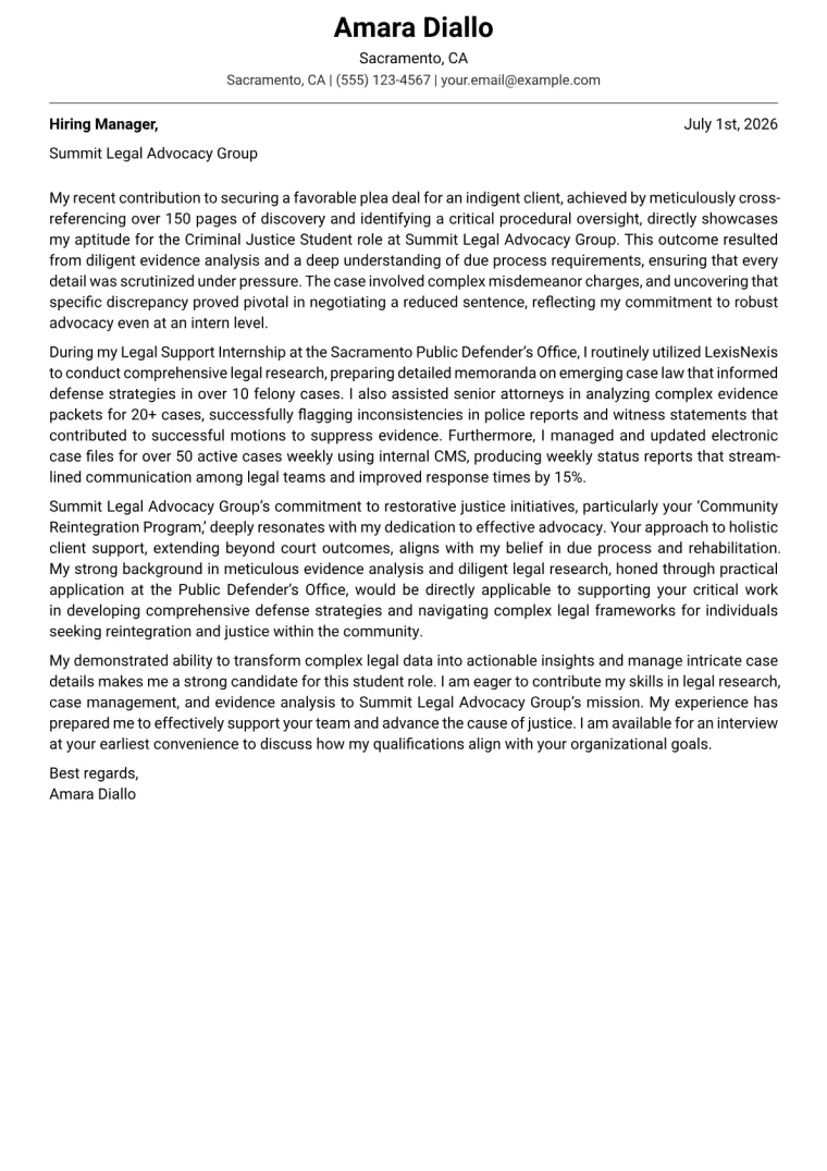 Criminal Justice Student cover letter example preview