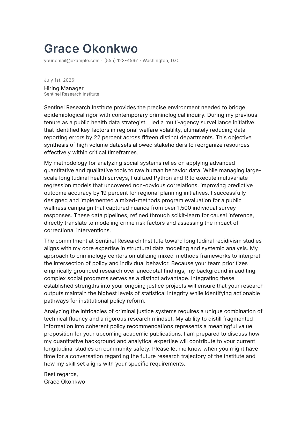 Criminologist cover letter in the Minimal design