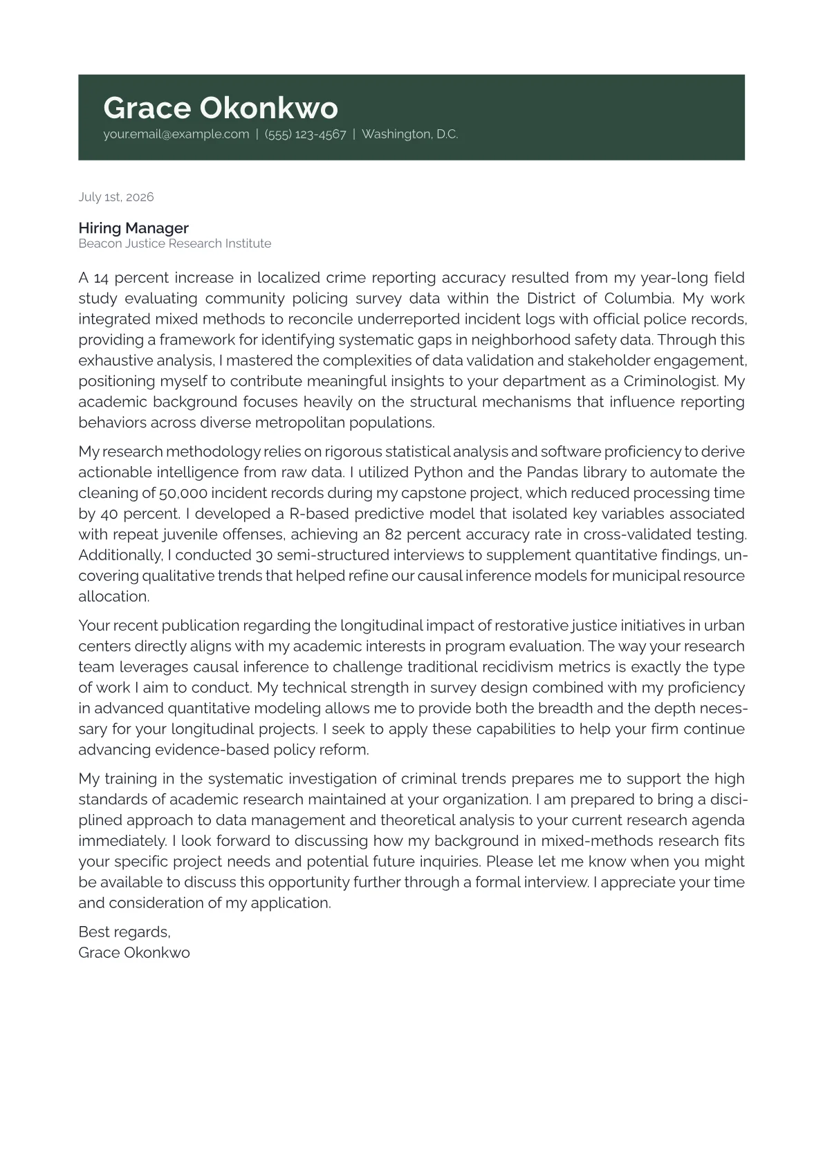 Criminologist cover letter in the Banner design