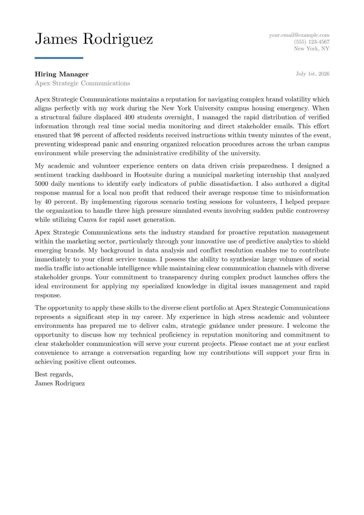 Crisis Communications Manager cover letter in the Executive design