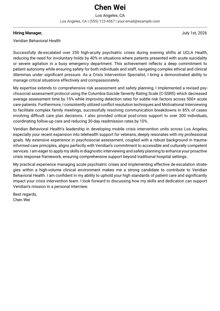 Crisis Intervention Specialist Cover Letter Example