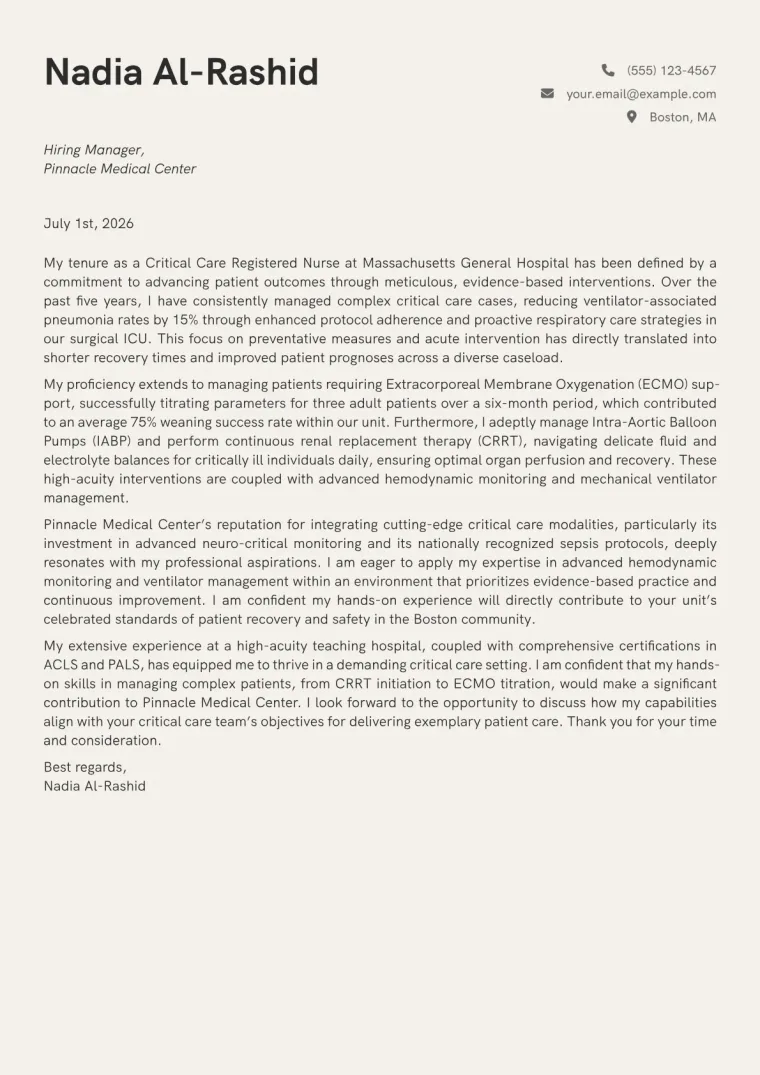 Critical Care Nurse cover letter example preview