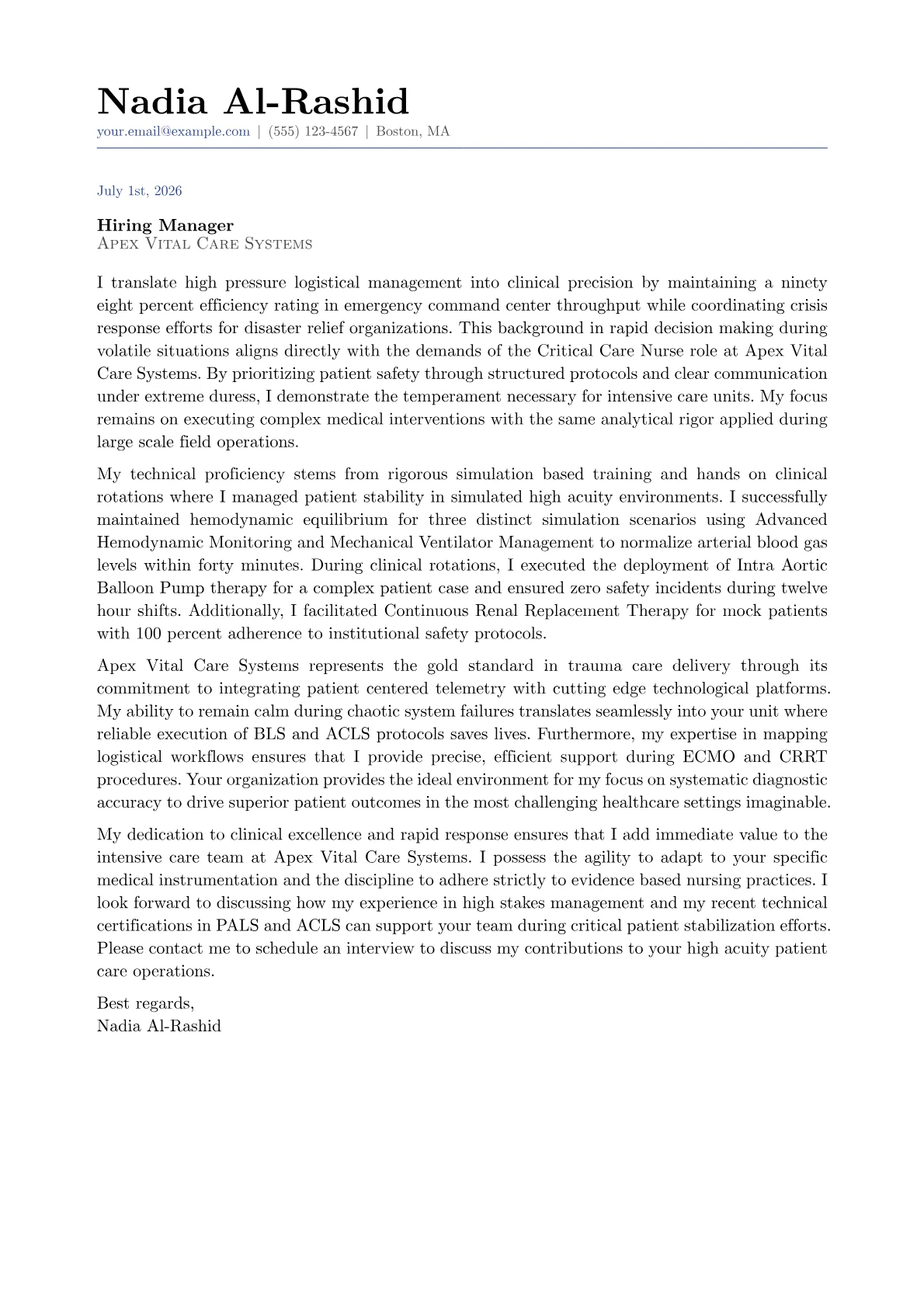 Critical Care Nurse cover letter in the Classic design
