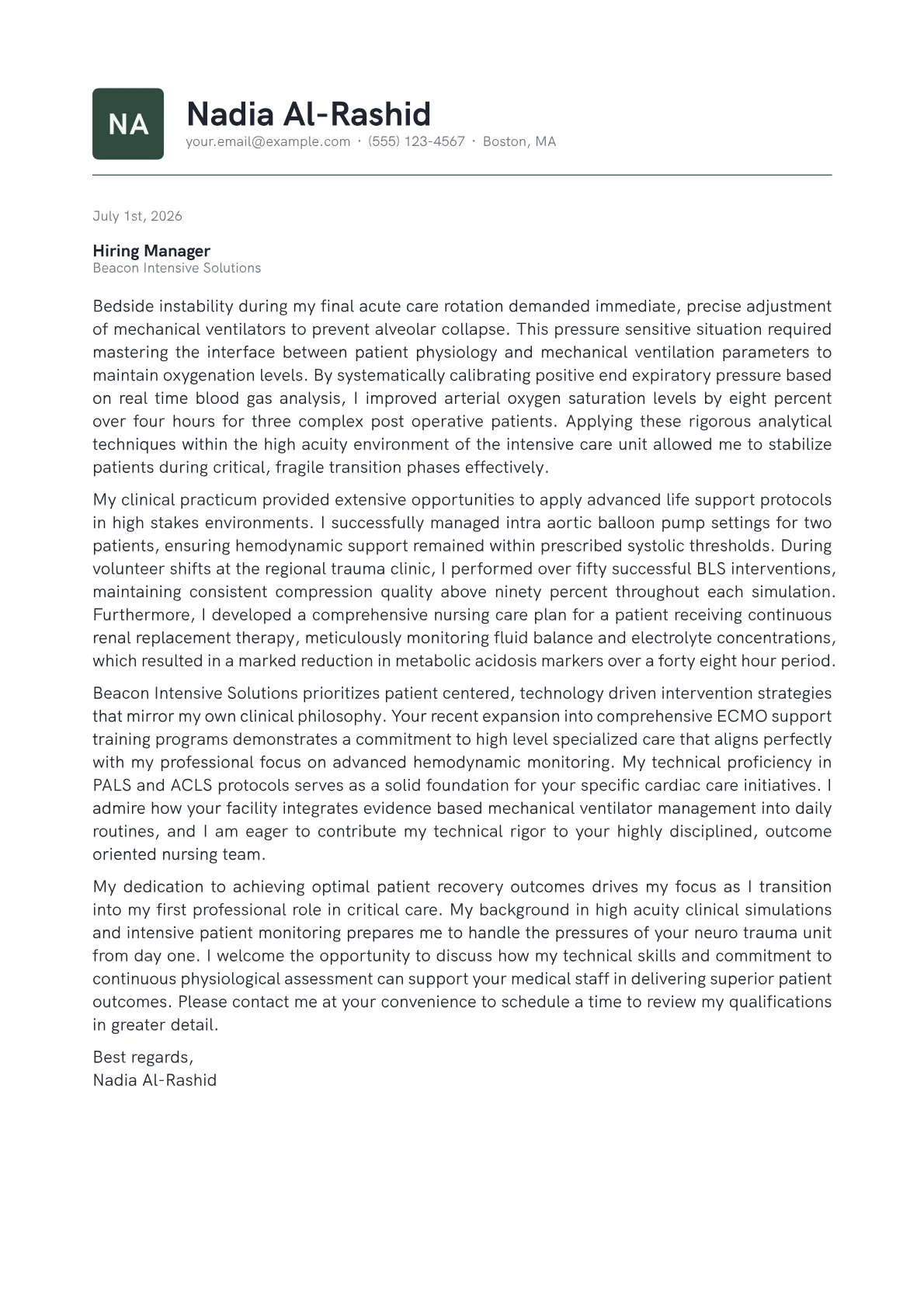 Critical Care Nurse cover letter in the Emblem design