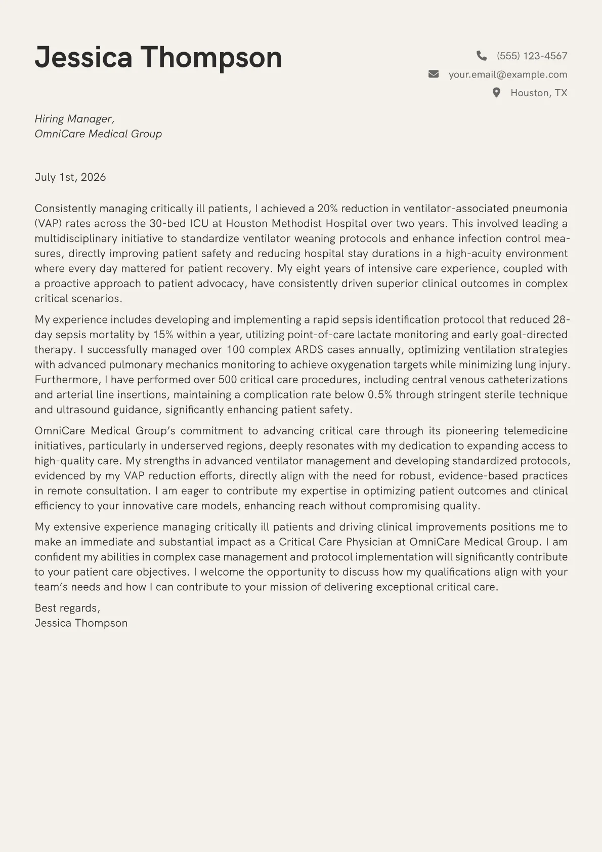 Critical Care Physician cover letter formatted with a JobSprout template