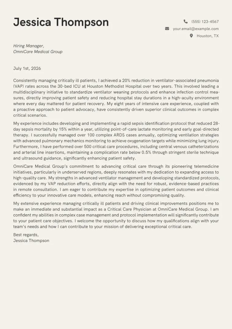 Critical Care Physician Cover Letter Example