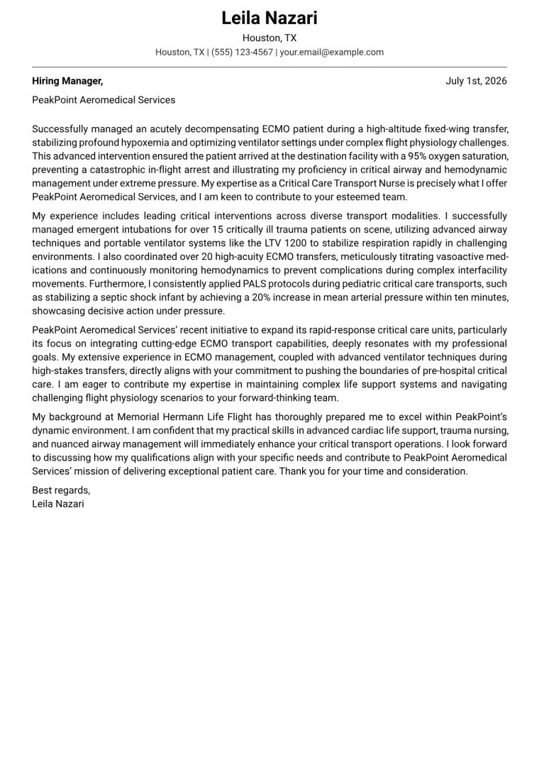 Critical Care Transport Nurse cover letter example preview