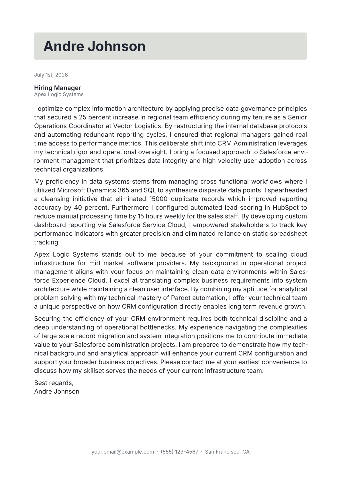 CRM Administrator cover letter in the Letterhead design