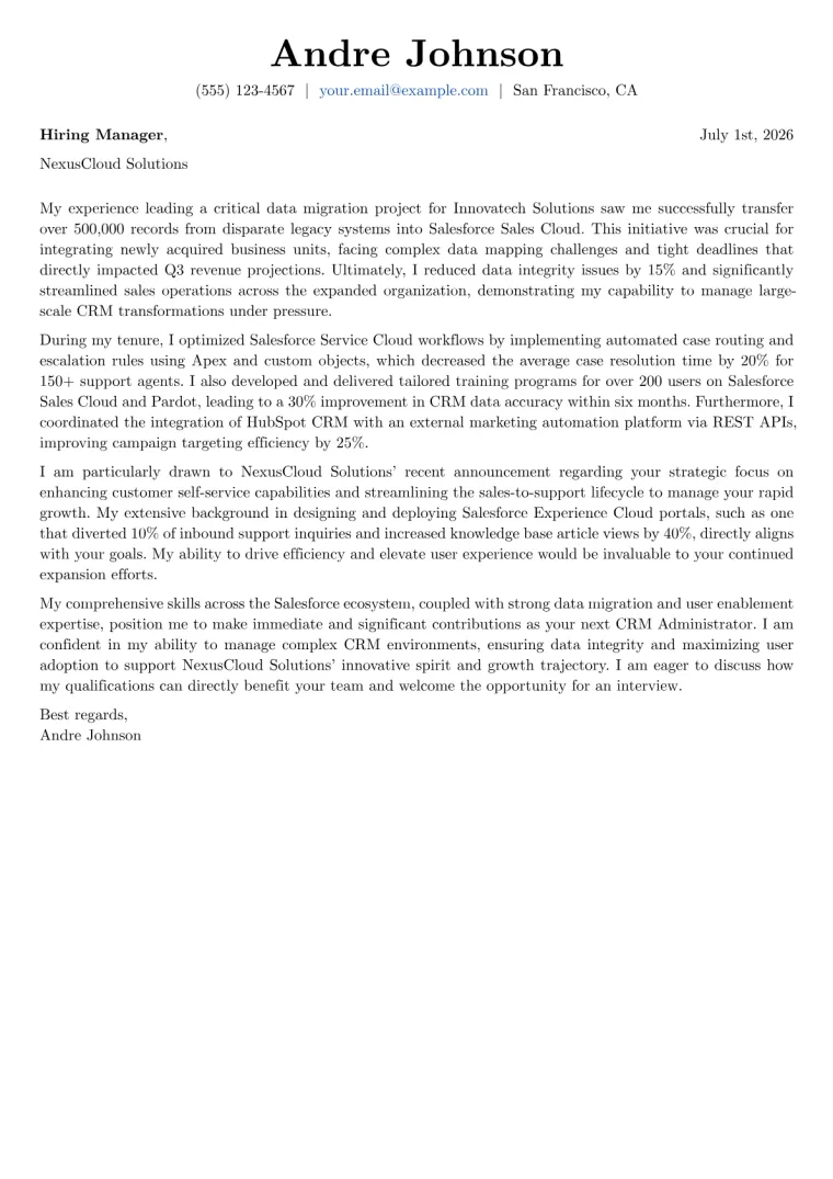 CRM Administrator cover letter example