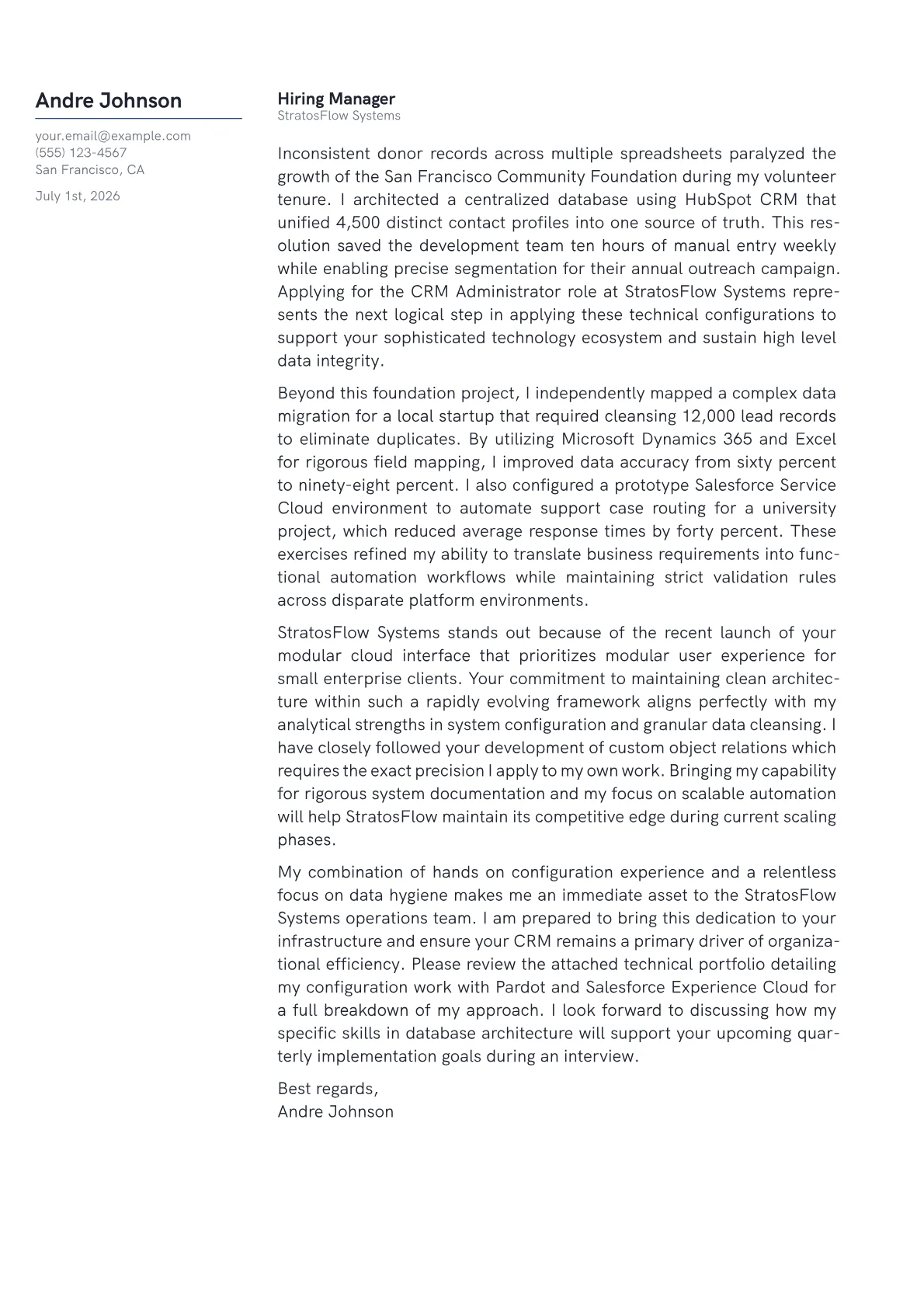 CRM Administrator cover letter in the Margin design