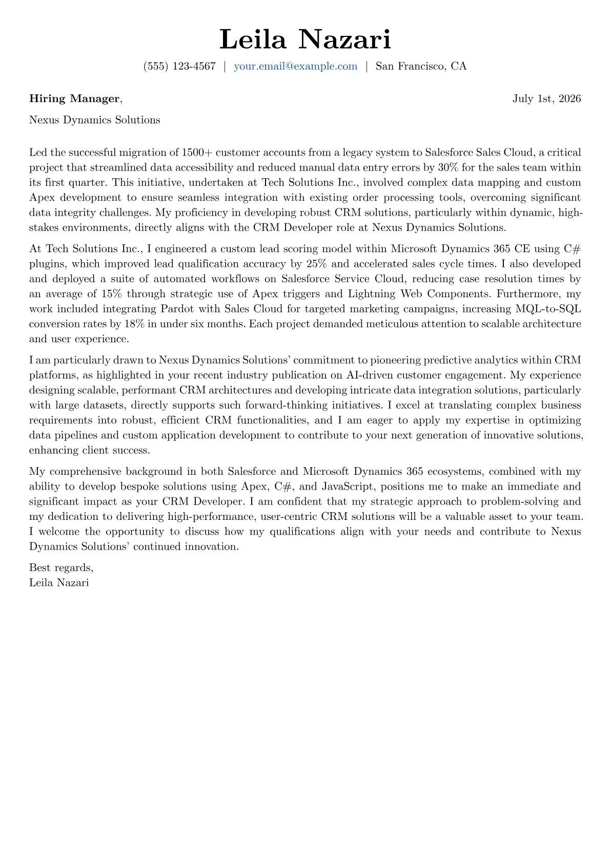 CRM Developer cover letter formatted with a JobSprout template
