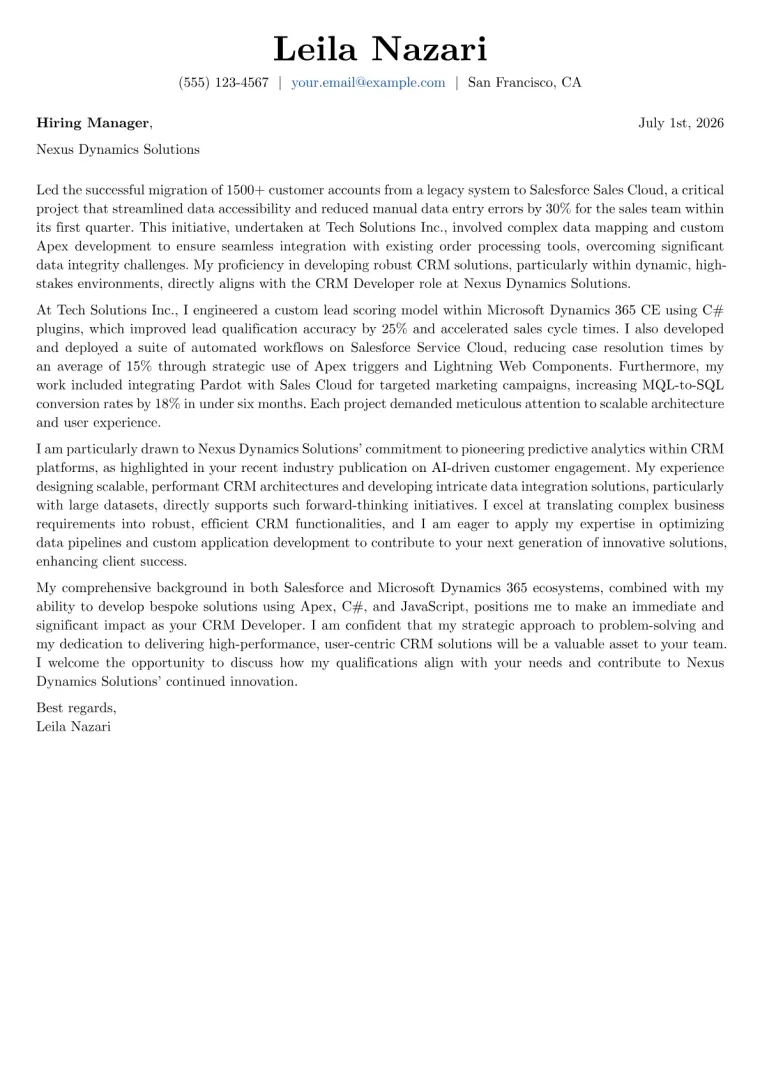 CRM Developer cover letter example preview