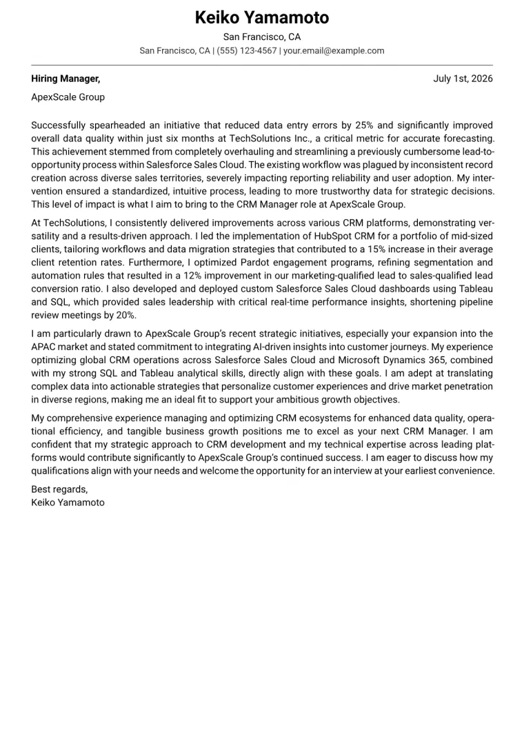 CRM Manager Cover Letter Example