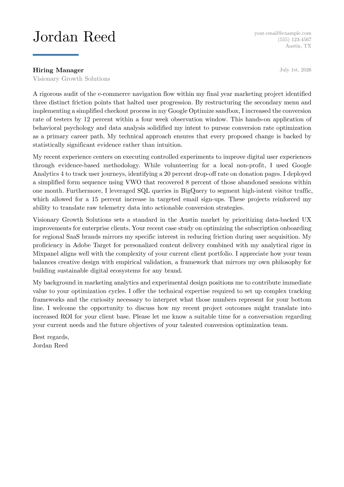 CRO Specialist cover letter in the Executive design