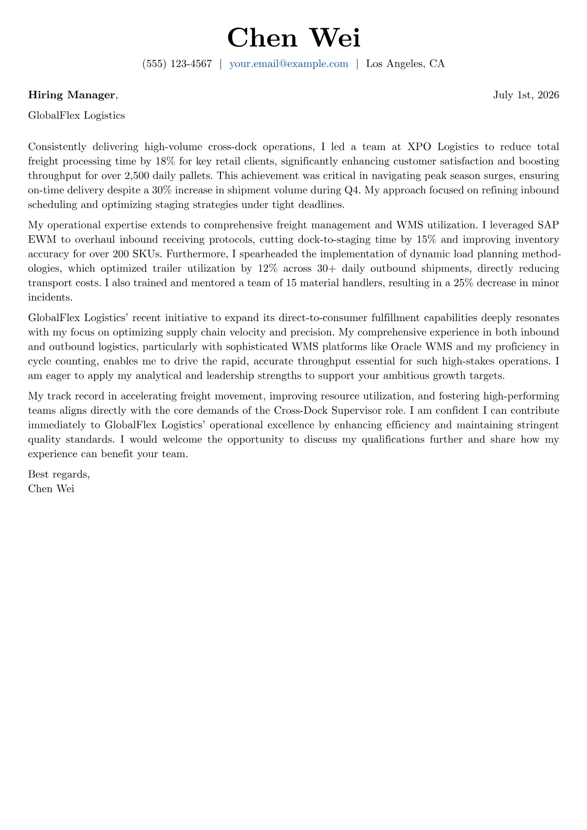 Cross-Dock Supervisor cover letter formatted with a JobSprout template