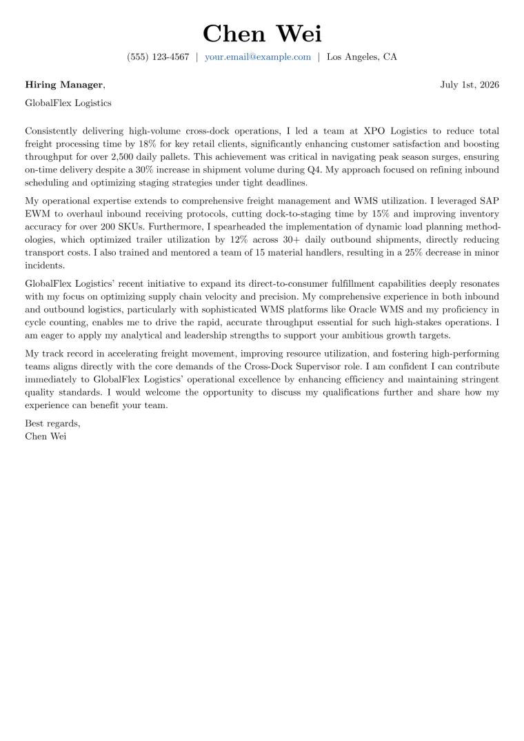 Cross-Dock Supervisor cover letter example preview