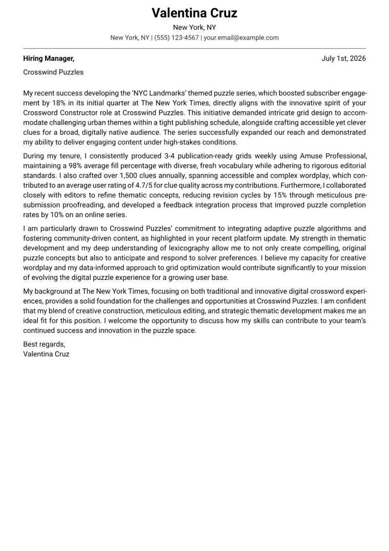 Crossword Constructor cover letter example preview