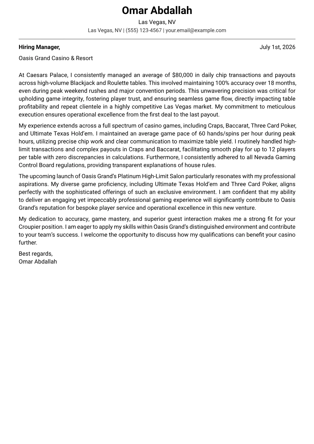 Croupier cover letter formatted with a JobSprout template