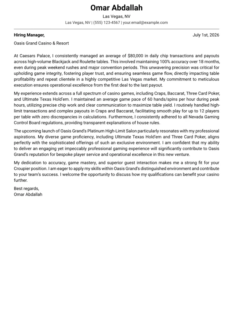 Croupier Cover Letter Example