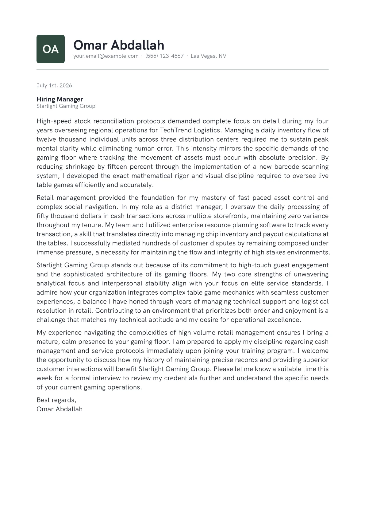 Croupier cover letter in the Emblem design
