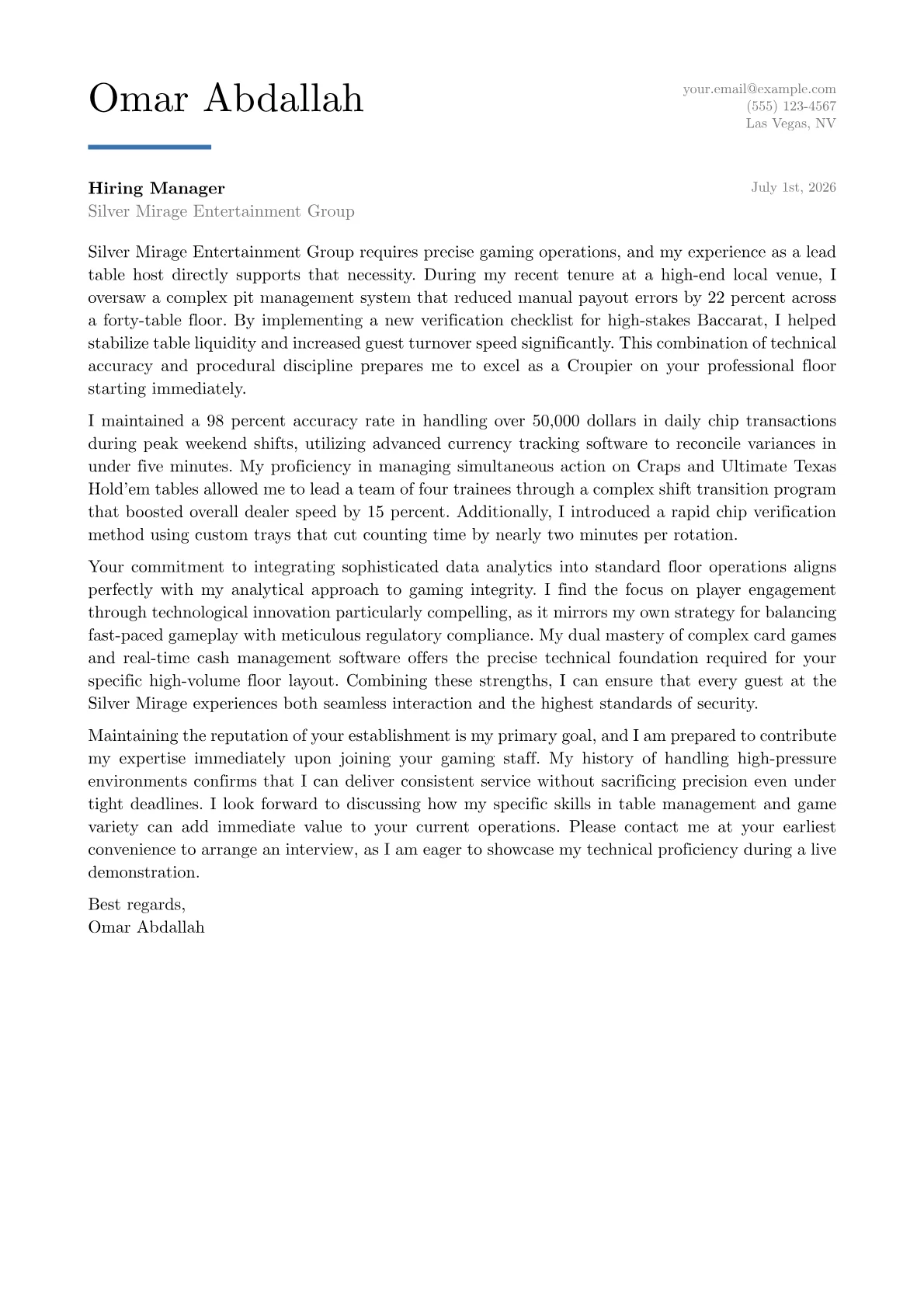 Croupier cover letter in the Executive design