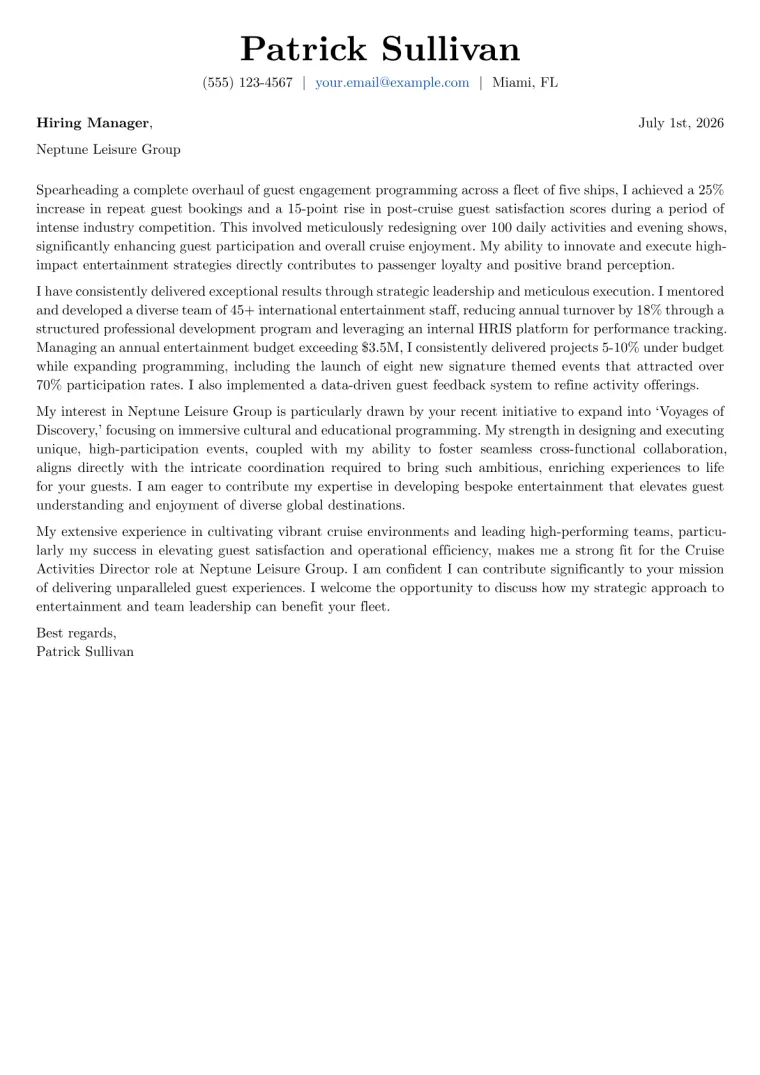 Cruise Activities Director cover letter example preview