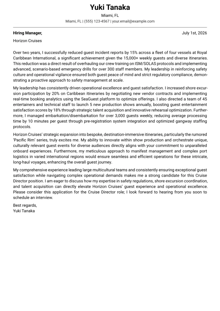 Cruise Director cover letter example preview