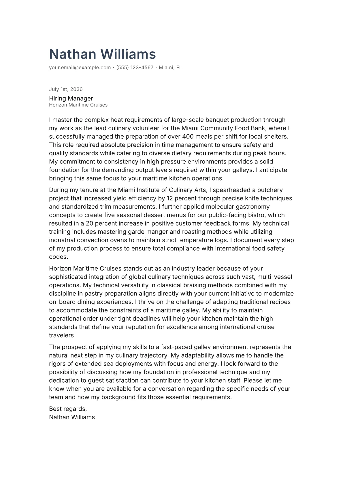Cruise Line Chef cover letter in the Minimal design