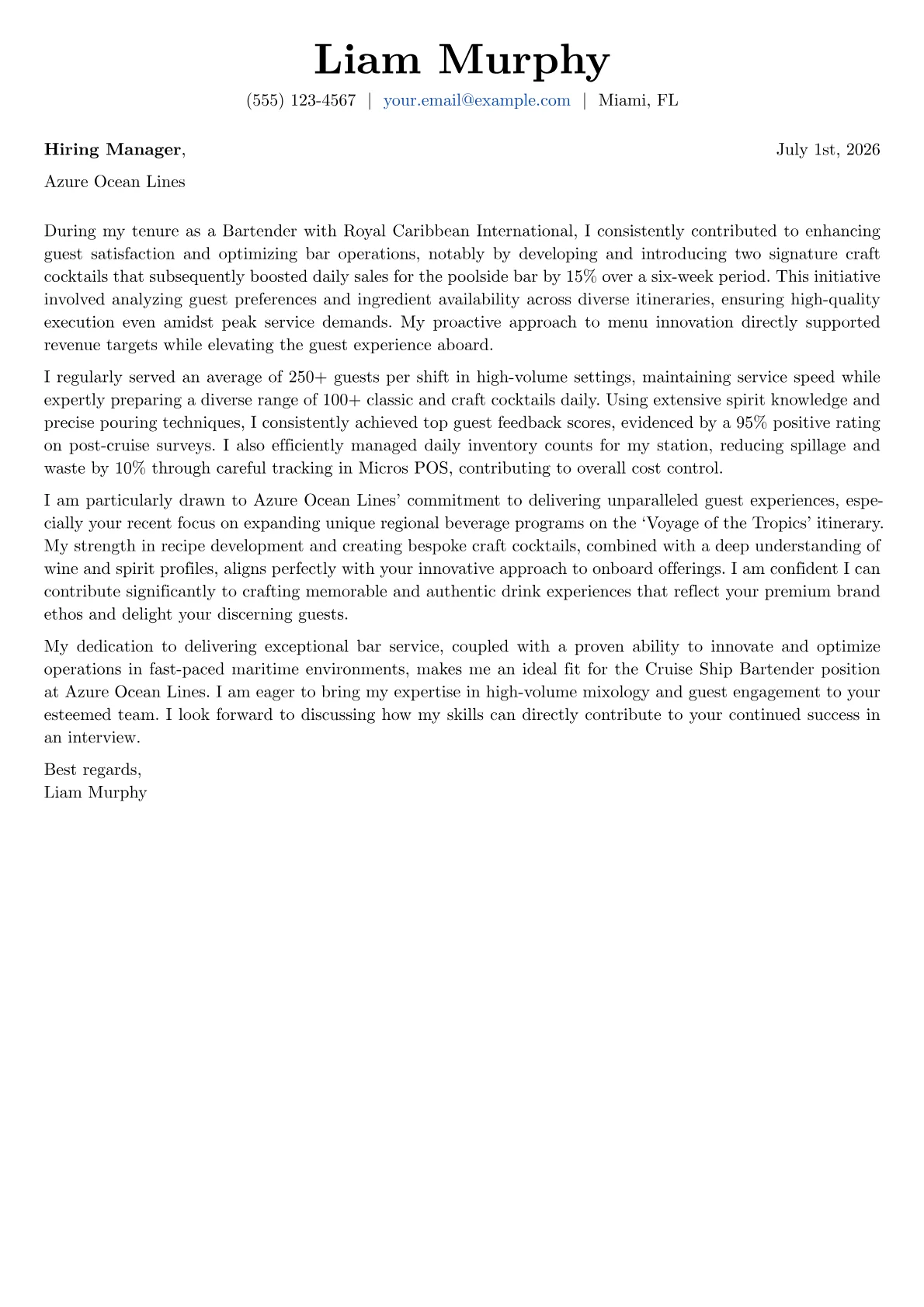 Cruise Ship Bartender cover letter formatted with a JobSprout template
