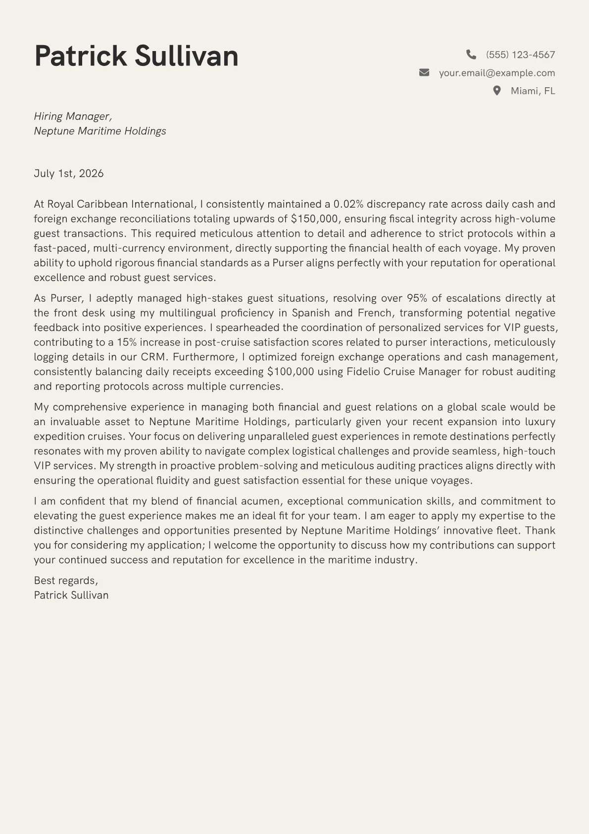 Cruise Ship Purser cover letter formatted with a JobSprout template