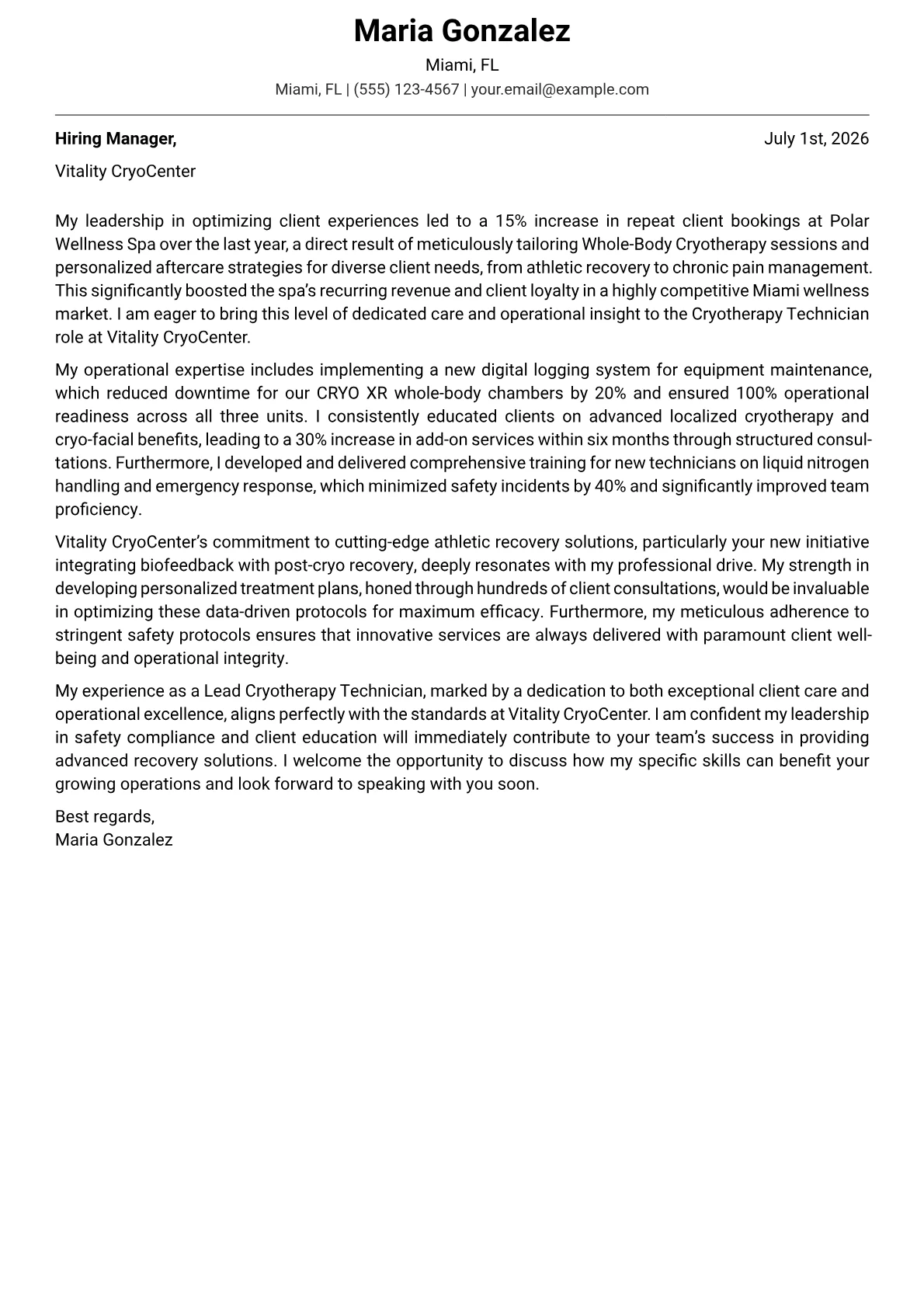 Cryotherapy Technician cover letter formatted with a JobSprout template