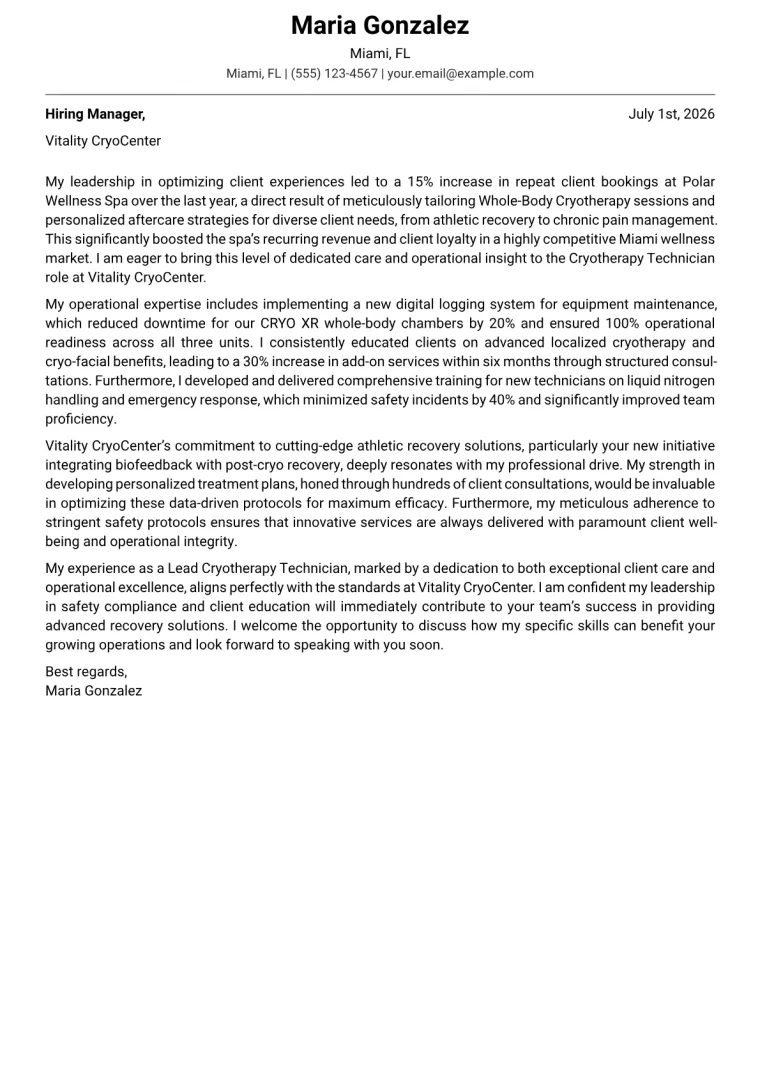 Cryotherapy Technician Cover Letter Example