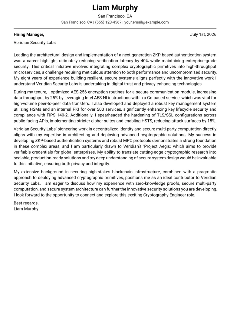 Cryptography Engineer cover letter example preview