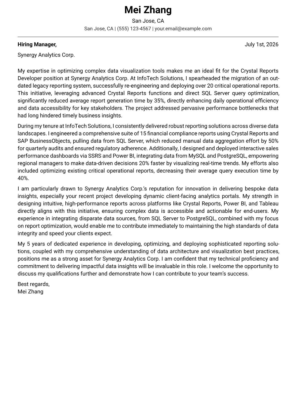Crystal Reports Developer cover letter formatted with a JobSprout template