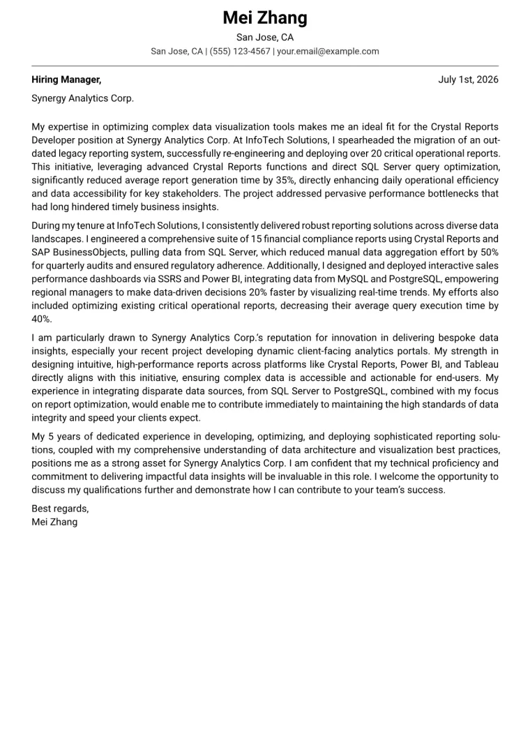 Crystal Reports Developer cover letter example preview