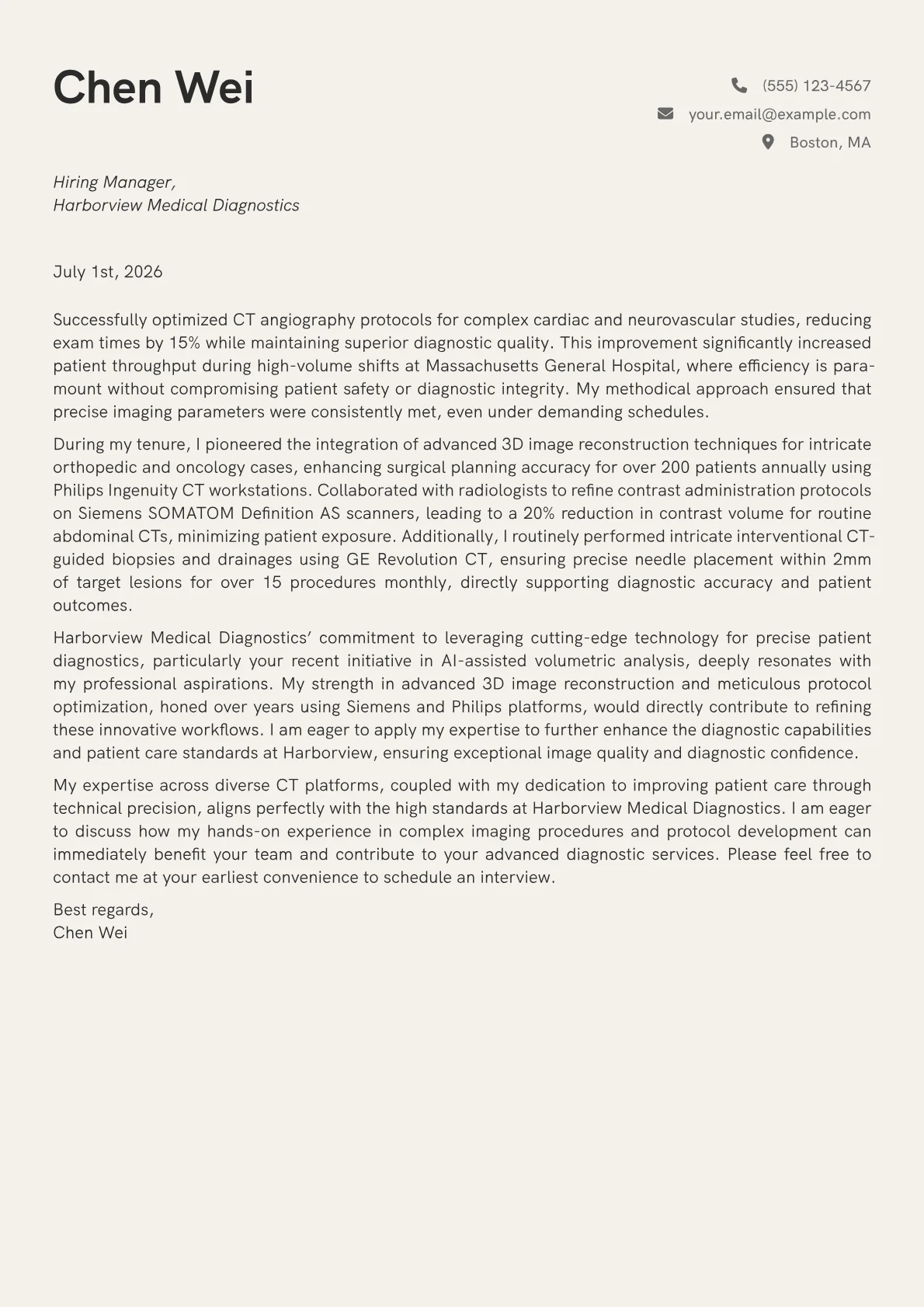 CT Technologist cover letter formatted with a JobSprout template