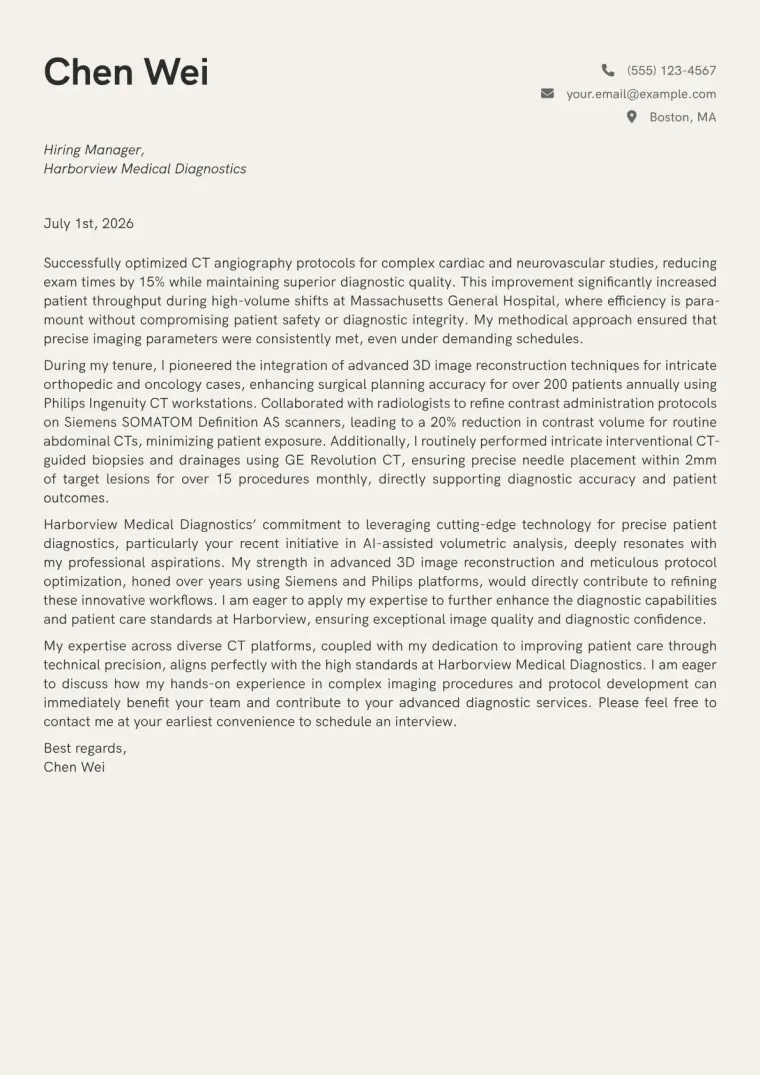 CT Technologist Cover Letter Example